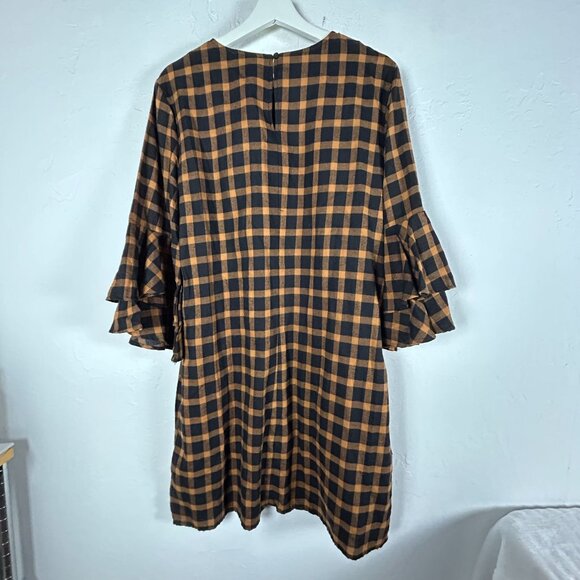 Beach Lunch Lounge Plaid Black Brown Ruffle Sleeve Delphina Dress Large New - Picture 2 of 10